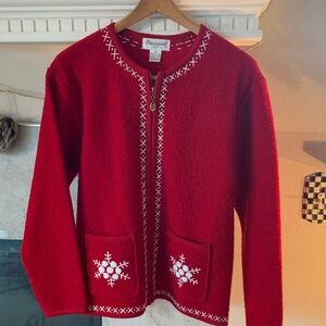 Gorgeous Vintage Red Boiled Wool Zip Sweater w Embroidered Snowflakes ❄️